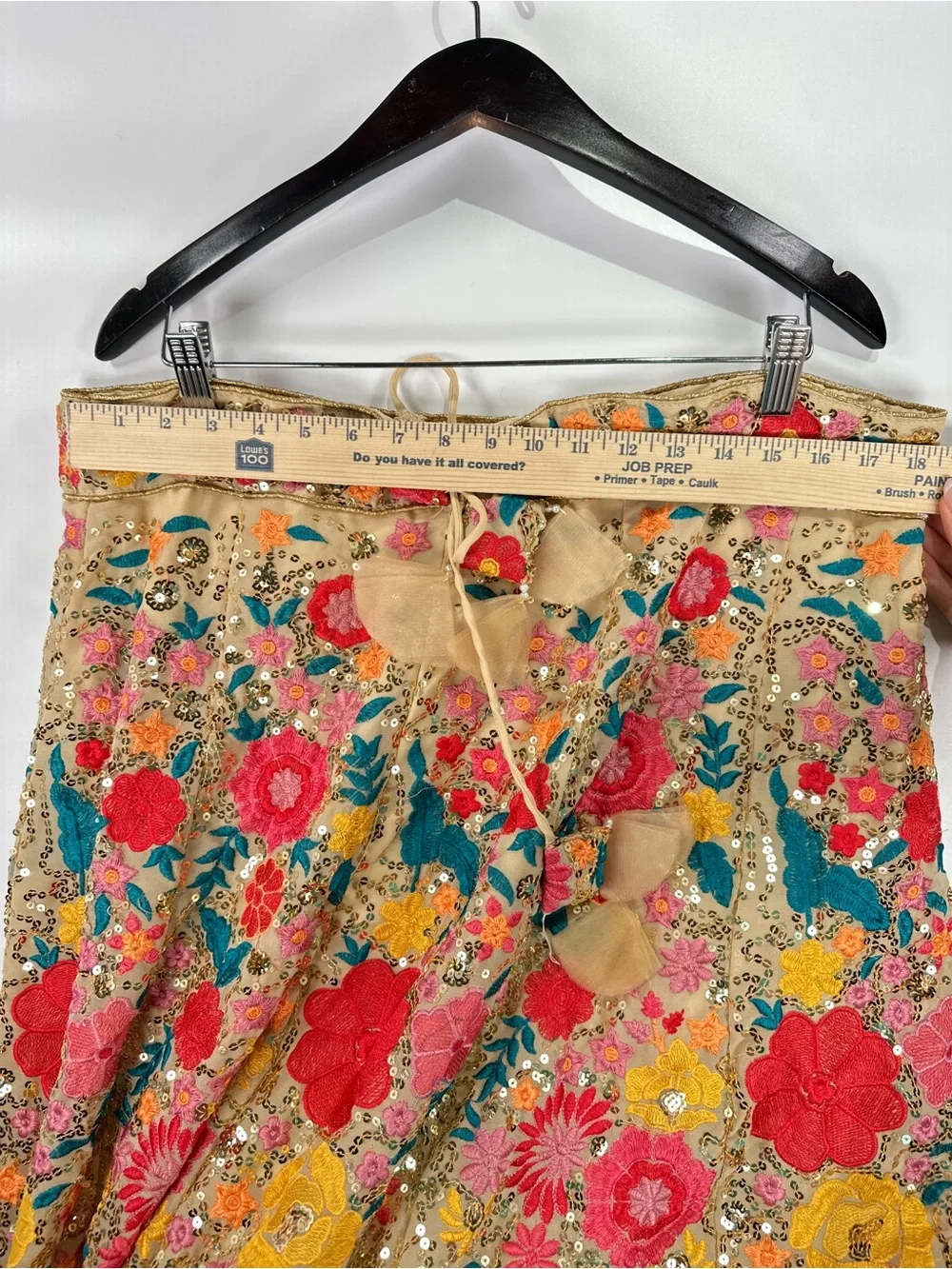 Lehenga Maxi Skirt Floral Embroidered Sequin Beige Multi Adjustable Tie Up Waist - Picture 11 of 13
